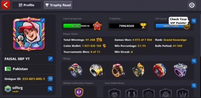1B+ coins | LEVEL-250| 20/20 legendary cues | 6 legendary cues max |Total 40+ cues maxed out |CCP-67 |Secured account |Facebook link possible