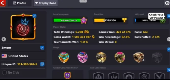 8BP  1.5BILLION+ COINS 7 LEGENDARY CUES  VIP EMERALD  46 CCP  25 GOLDEN SHOT  BERLIN RING  100+ LEVEL  FB LINK NOT POSSIBLE  MINICLIP LOG