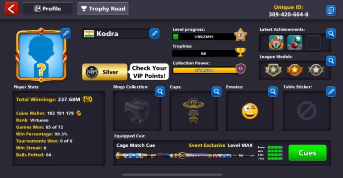 100 Million Coins + 6 cues maxed ( also has 12 legendary cues ) - Pure Miniclip Account