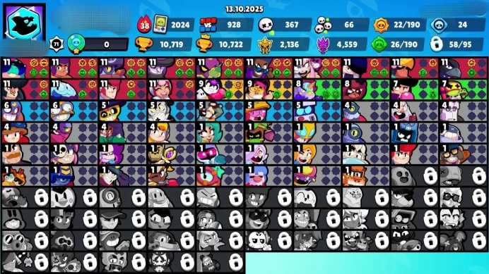 B12▰LVL 71【58/95 BRAWLERS】9 HYPERCHARGED▰14 MAX BRAWLER▰138 RARE SKIN▰10K TROPHY▰NC FREE