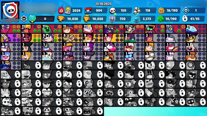 B14▰LEVEL 60【41/95 BRAWLERS】3 HYPERCHARGED▰10 MAX POWER▰10K TROPHY▰56 SKINS▰NC FREE