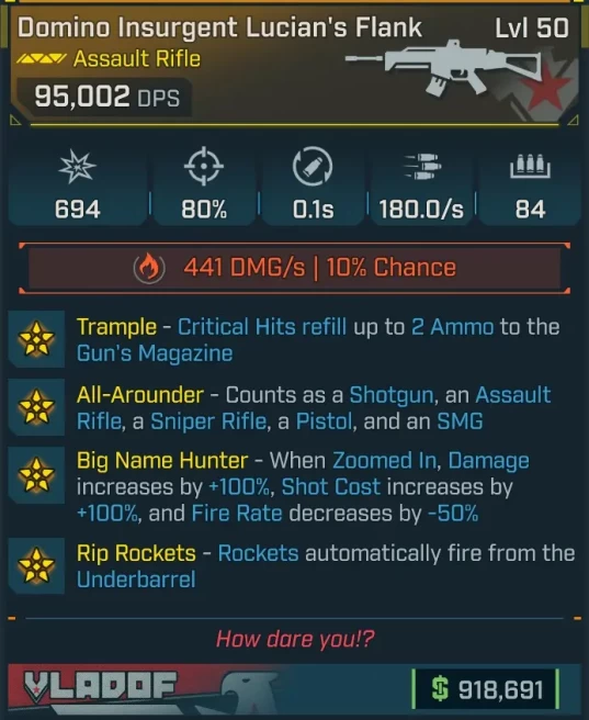 [MODDED] L50 LUCIAN'S FLANK - 95K DPS - 180/s FIRE RATE! - 0.1s AUTO RELOAD - ROCKETS - BIG NAME HUNTER - ALL-AROUNDER