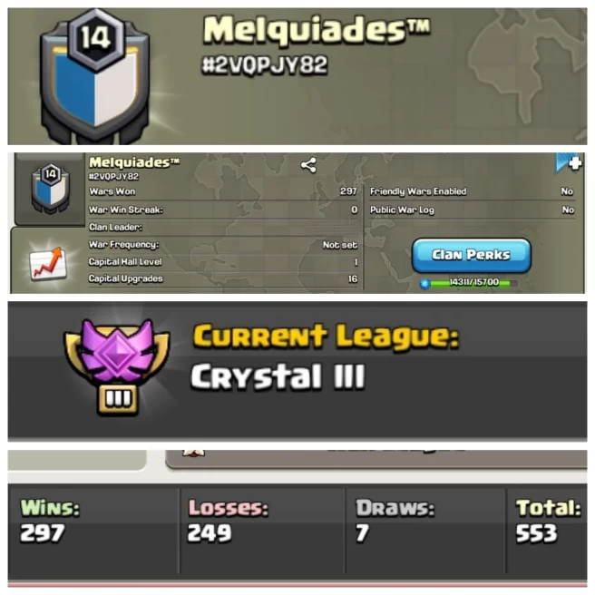 C35◆CWL: CRYSTAL 3◆NAME: Melquiades◆LVL 14.9◆WIN 297◆LOSS 249◆TOTAL WAR 553◆EXTRA ORDINARY STORE