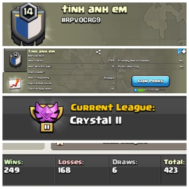 C40◆CWL: CRYSTAL 2◆LVL 14◆NAME: tinh anh em◆POSITIVE WIN: 249◆LOSS: 168◆TOTAL: 423◆EXTRA ORDINARY STORE