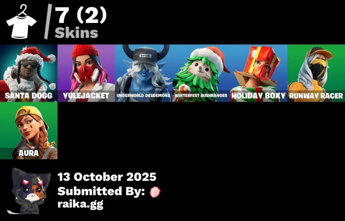 [PC/PSN/XBOX] 7 skins | Santa Dogg | Yulejacket | Underworld Desdemona | Winterfest Bushranger | Holiday Boxy | Runway Racer | Aura