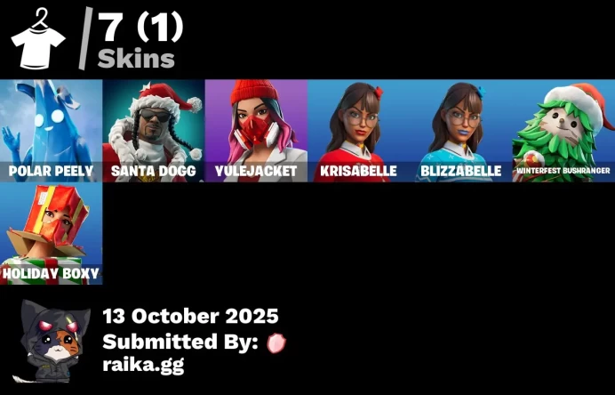 [PC/PSN/XBOX] 7 skins | Polar Peely | Santa Dogg | Yulejacket | Krisabelle | Blizzabelle | Winterfest Bushranger | Holiday Boxy