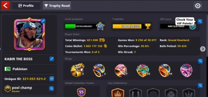 [8 BALL POOL] 425 LEVEL•1 BILLION+ COINS 4 EVENT CUES MAX 16 LEGENDARY CUES 55 CCP FACEBOOK LINK POSSIBLE FINAL WARNING ACCOUNT MINICLIP LOGIN 