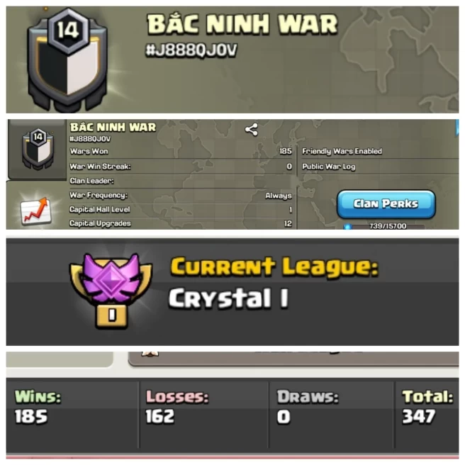 C58◆Name: BÂC NINH WAR◆Cwl: CRYSTAL 1◆LVL 14◆WIN 185◆LOSS 162◆RARE CLAN◆EXTRA ORDINARY STORE