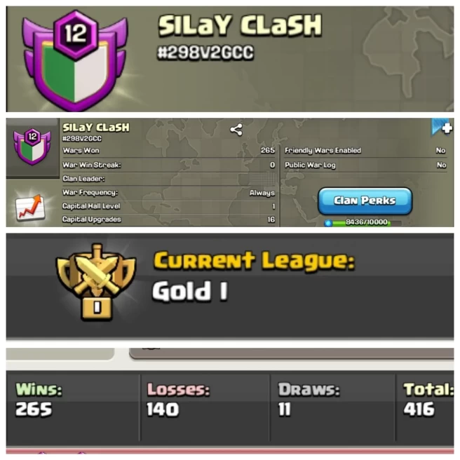 C63◆English Rare Name: SILaY CLaSH◆LVL 12◆CWL: GOLD 1◆2:1 WAR WIN: 265◆LOSS: 140◆EXTRA ORDINARY STORE