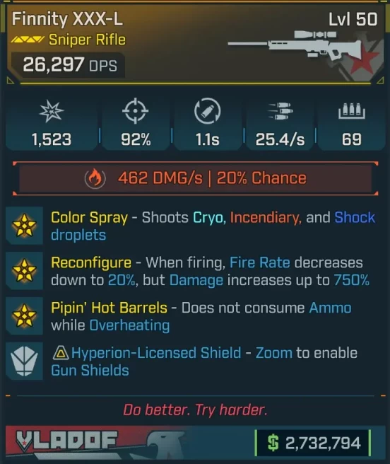 [MODDED] L50 FINNITY XXX-L - 26.297 DPS - 92% ACCURACY - 1.1s RELOAD - 25.4/s FIRE RATE - 69 MAG SIZE - HYPERION SHIELD