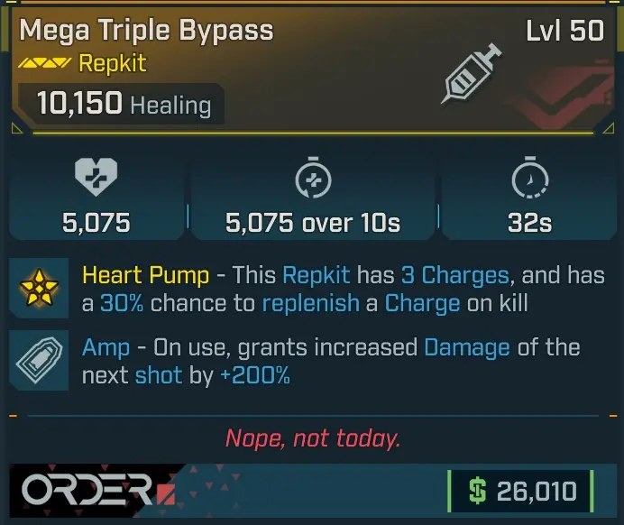 [LEGIT] L50 MEGA TRIPLE BYPASS - 10.150 HEALING - 5.075 INSTANT HEAL - 5.075/10s HEAL OVER TIME - AMP ON USE NEXT SHOT +200% DMG!