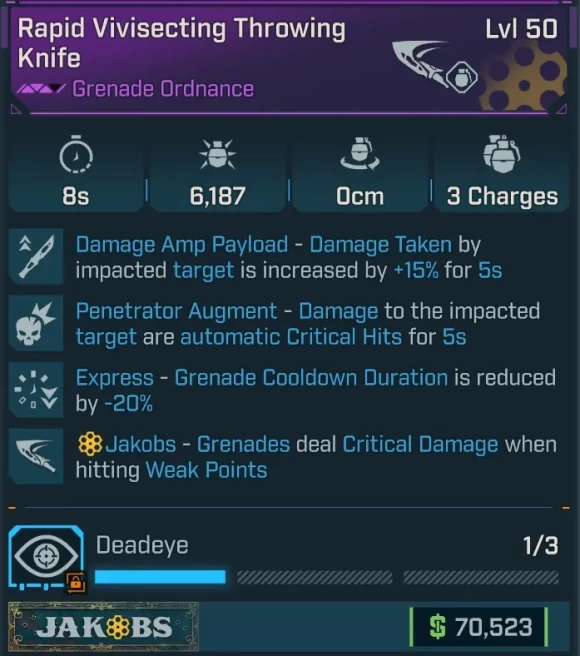[LEGIT] L50 RAPID VIVISECTING PENETRATOR THROWING KNIFE - 6.187 DMG - 8s COOLDOWN - 3 CHARGES - DAMAGE AMP PAYLOAD - PENETRATOR - EXPRESS