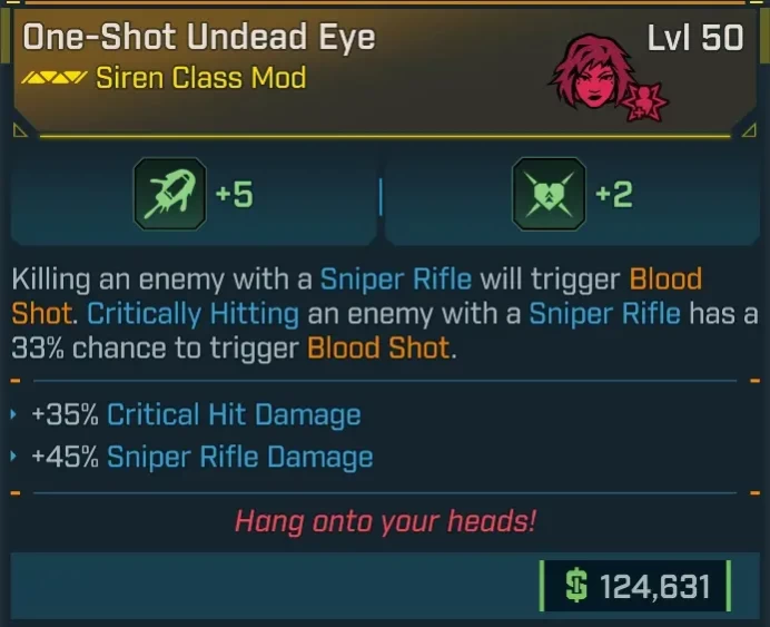[LEGIT] L50 ONE-SHOT UNDEAD EYE (SIREN CLASS MOD) +5 BLOOD SHOT, +2 GRAVE VITALITY - 35% CRITICAL HIT DMG - 45% SNIPER RIFLE DMG