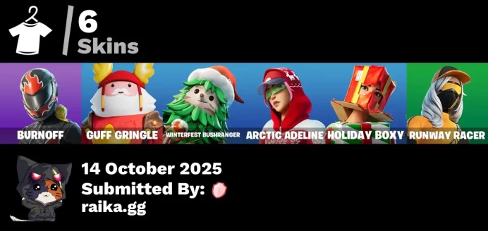 [PC/PSN/XBOX] 6 skins | Burnoff | Guff Gringle | Winterfest Bushranger | Arctic Adeline | Holiday Boxy | Runway Racer | Lectro Guard Pack