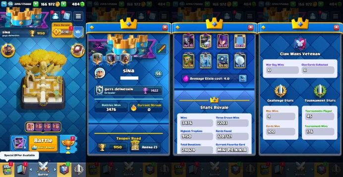 KT 15 | Level 56 |9 Evo Cards |(10Cards LvL15 || 32Cards LvL14) | 106Emotes | 6 Tower Skins| Q578