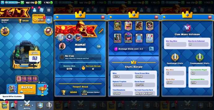 KT 15 | Level 56 |16 Evo Cards |(11Cards LvL15 || 58Cards LvL14) | 77 Emotes | 8 Tower Skins| Q579