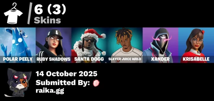 [PC/PSN/XBOX] 6 skins | Polar Peely | Ruby Shadows | Santa Dogg | Slayer Juice WRLD | Xander | Krisabelle | Blackout Bag | 999 Knives | 