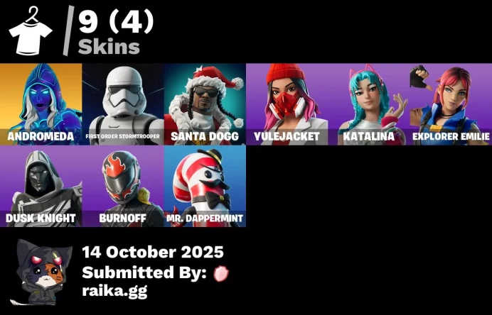 [PC/PSN] 9 skins | Andromeda | First Order Stormtrooper | Santa Dogg | Yulejacket | Katalina | Explorer Emilie | Blitz Knight | Burnoff