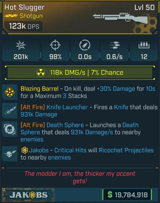[MODDED] L50 HOT SLUGGER - 123K DPS (+118K RADIATION DMG/S) - DEATH SPHERE 931K DMG/S - KNIFE LAUNCHER 931K DMG