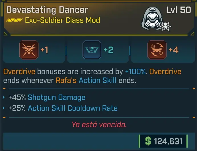 [LEGIT] L50 DANCER (EXO-SOLDIER CLASS MOD) +SOLTADO, +2 THE THRILL, +4 TEMERARIO - +45% SHOTGUN DMG - +25% ACTION SKILL COOLDOWN RATE