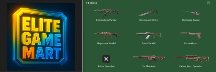 [EU] 23 skins~ 19,925 VP Inventory value| Primordium Vandal | Xenohunter Knife | Shellspire Sword | Magepunk Vanda |l Prime Vandal Recon Ghost