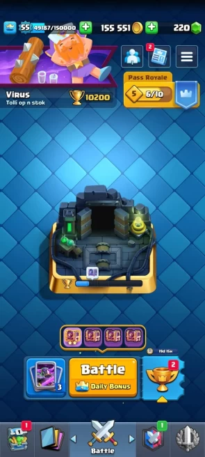 2 YR OLD CR 10200 CUPS , FREE NC , 24 MAX CARDS , 9 ELITE, 16 EVO , 65 EMOTES, 5 TOWER SKIN, 122 BADGES, 61 DECORATION, 59 FRAMES, LEVEL 55 