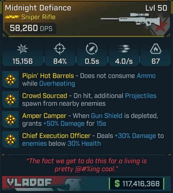 [MODDED] L50 MIDNIGHT DEFIANCE (TWITCH DROP) - 58.260 DPS - 0.5s RELOAD - ALT FIRE BIPOD - 67 MAG (COV MAG!) - PIPIN - AMPER CAMPER - CEO