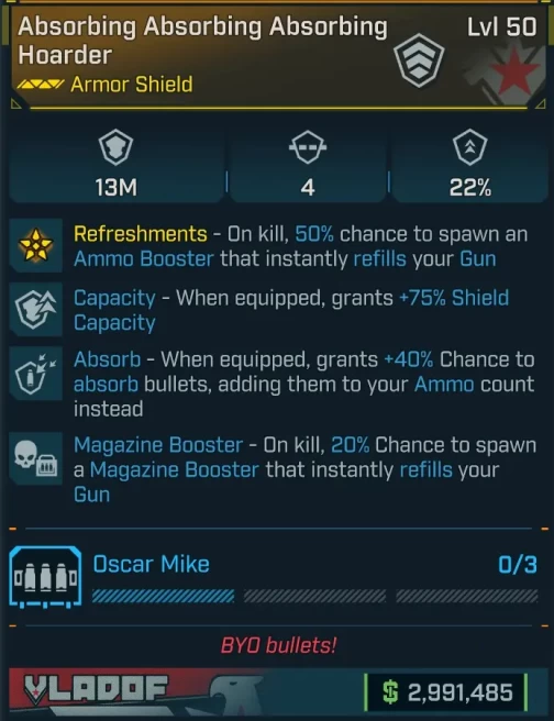 [MODDED] L50 HOARDER - 13M CAPACITY - 4 ARMOR SEGMENTS - 22% DMG REDUCTION - 40% ABSORB BULLETS - ON KILL 20% CHANCE MAG BOOSTER