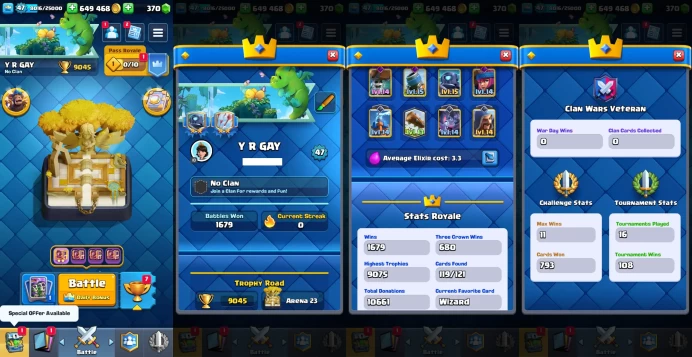 KT 14 | Level 47 | 6 Evo Cards |(2Cards LvL15 || 17Cards LvL14) | 38 Emotes | 5 Tower Skins| Q574