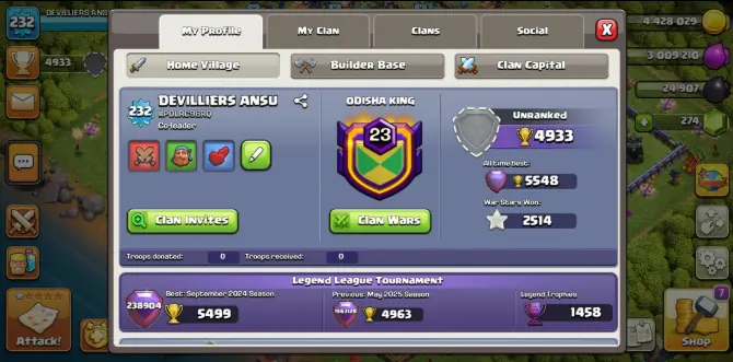 【TH17】 | Clash of Clans | 232 Level | BK 100 | AQ 100 |  GW 75 | RC 50 |MP 80 Legend League 5548 Instant DeliveryTow hall Level Level