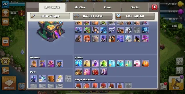Th14 Near Max EXP 217 BK:78 AQ:80 GW:55 RC:30 Pet(10/10/1/10) Near Max Defense & Troops Max Wall 6th Builder