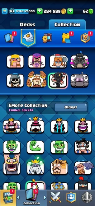 Clash royal (Android/iOS) KT 14 - lvl 43 - Cards109 /121 - Max Card 4 _lvl 13 card 1/Emote 38 / skin tower 6 /Fast delivery/Cheap sale