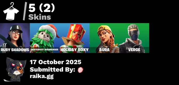 [PC/PSN/XBOX] 5 skins | Ruby Shadows | Winterfest Bushranger | Holiday Boxy | Aura | Verge | Datafiber Chargepack | Arroyo Pack