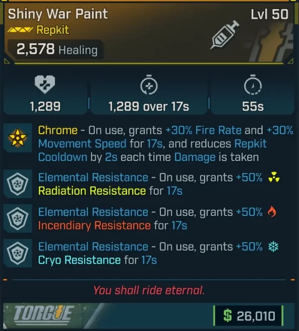 [MODDED] L50 WAR PAINT - ON USE +50% TO ALL RESISTANCES FOR 17s! - ON USE IMMUNITY TO ALL ELEMENTAL DAMAGE FOR 3s - ON USE SHOCK SPLAT