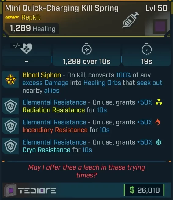 [MODDED] L50 KILL SPRING - ON USE +50% TO ALL RESISTANCES FOR 10s - ON USE IMMUNITY TO ALL ELEMENTAL DAMAGE FOR 3s - ON USE SHOCK SPLAT