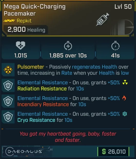 [MODDED] L50 PACEMAKER - ON USE +50% TO ALL RESISTANCES FOR 10s - ON USE IMMUNITY TO ALL ELEMENTAL DAMAGE FOR 3s - ON USE SHOCK SPLAT