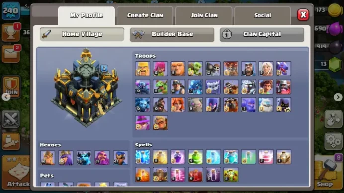 TH17| LVL240| Heroes(K96 Q100 M76 W71 R47)| 34BM| 2850War Stars| 9Skins |C103