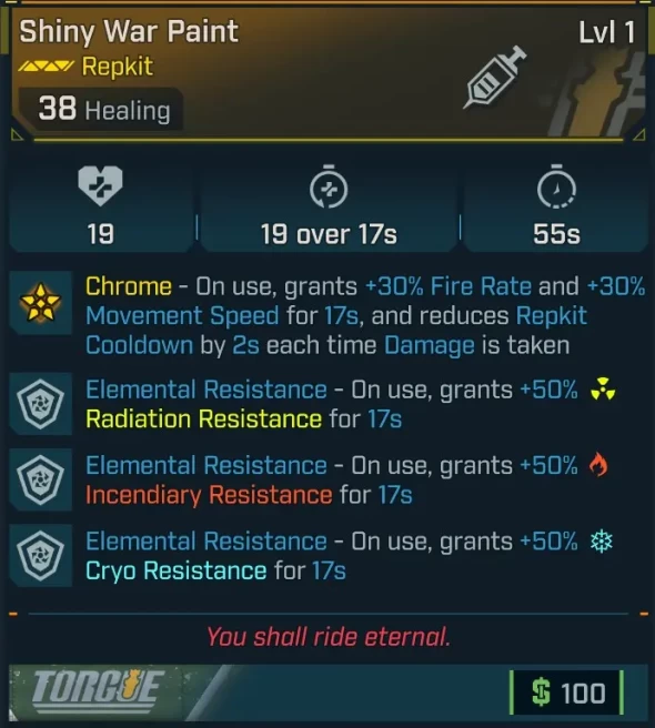 [MODDED] L1 WAR PAINT - ON USE +50% TO ALL RESISTANCES FOR 17s! - ON USE IMMUNITY TO ALL ELEMENTAL DAMAGE FOR 3s - ON USE SHOCK SPLAT