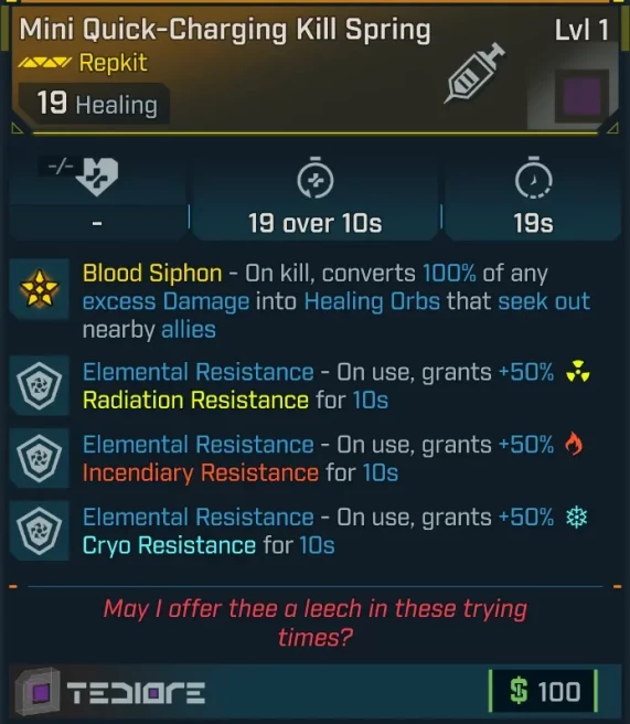 [MODDED] L1 KILL SPRING - ON USE +50% TO ALL RESISTANCES FOR 10s! - ON USE IMMUNITY TO ALL ELEMENTAL DAMAGE FOR 3s - ON USE SHOCK SPLAT