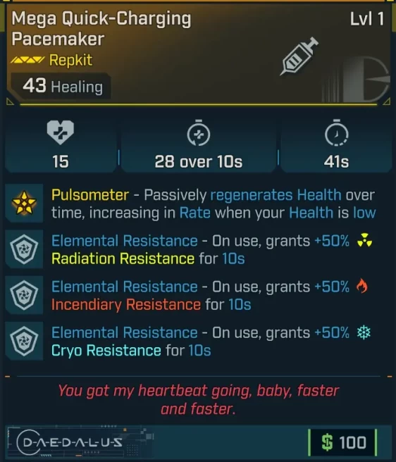 [MODDED] L1 PACEMAKER - ON USE +50% TO ALL RESISTANCES FOR 10s! - ON USE IMMUNITY TO ALL ELEMENTAL DAMAGE FOR 3s - ON USE SHOCK SPLAT