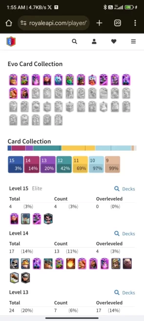 6 YR OLD CR 10150 CUPS, 17 MAX CARDS , 4 ELITE, 13 EVO , 52 EMOTES, 9 TOWER SKIN, 121 BADGES, 31 DECORA, 49 FRAMES, KT 14, ARENA 24 AND LEVEL 51