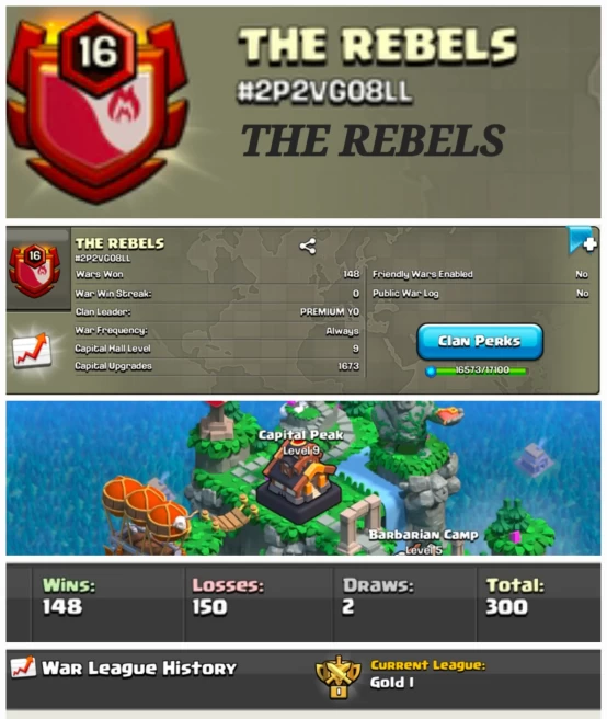 THE REBELS !! LEVEL 16.9 !! WIN 148 LOSS 150 !! CAPITAL PEAK 9 !! GOLD LEAUGE 1 !! ALMOST LEVEL 17 !! PERFECT NAME !! CHEAP !! FAST DELIVERY