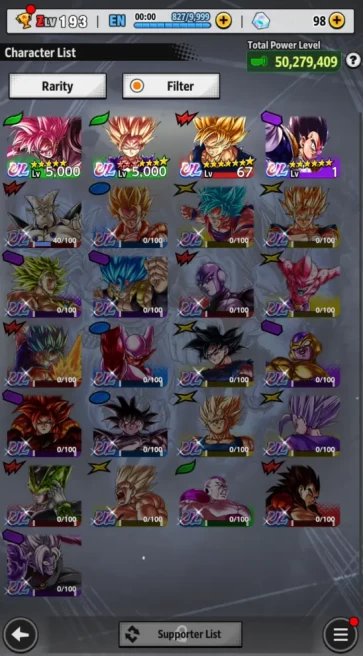 50M Total Power|LV 193|4 UL+ 21 LL| SS2 Gohan, SS Goku, SS Rose Goku, Vegeta, and ETC |Android| Check SS (DBL794)