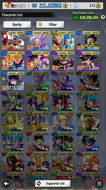 328M Total Power|LV 250|8 UL+ 37 LL| Fusion Zamasu, SS God Vegito, SS Goku Max Star, and ETC |Android| Check SS (DBL797)