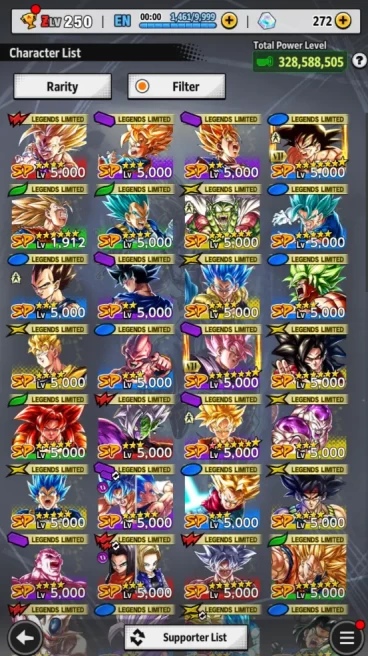 328M Total Power|LV 250|8 UL+ 37 LL| Fusion Zamasu, SS God Vegito, SS Goku Max Star, and ETC |Android| Check SS (DBL797)