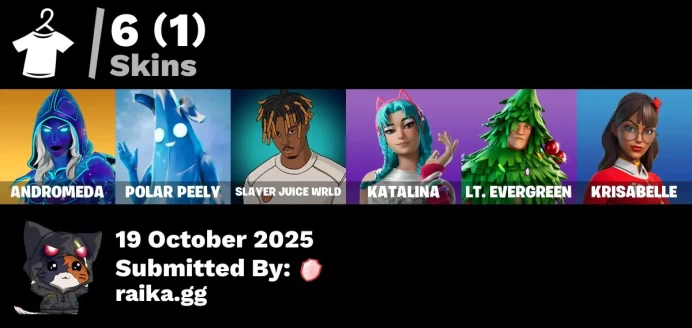 [PC/PSN/XBOX] 6 skins | Andromeda | Polar Peely | Slayer Juice WRLD | Katalina | Lt. Evergreen | Krisabelle | Spectra Protector | The Sith