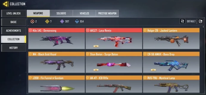 400 LevelMythic: AK117Kilo 141 +7 Legend Gun: AK-47 |Holger 26 | CR-56 AMAX| M4 | Stun baton |RUS -79U | J358| 397 Epic Gun | Lots Of Skin |CA86