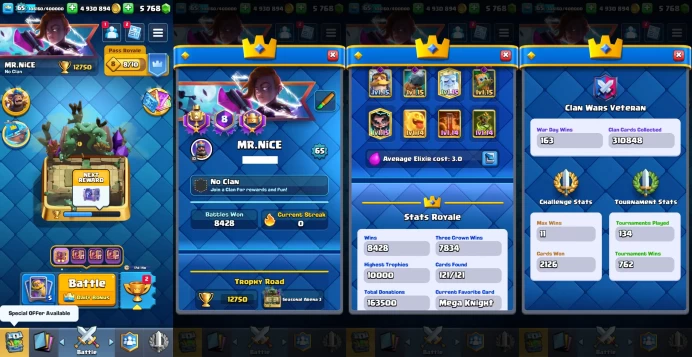 KT 15 | Level 65 |18 Evo Cards |(50Cards LvL15 || 67Cards LvL14) | 184 Emotes | 13 Tower Skins| Q583