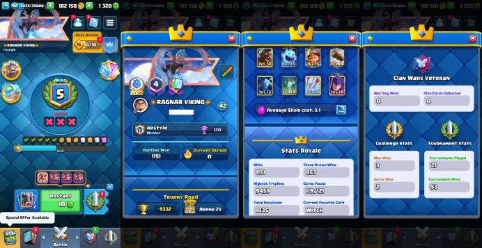 KT 14 | Level 42 |1 Evo Cards |(1Cards LvL15 || 10Cards LvL14) | 53 Emotes | 4 Tower Skins| Q584