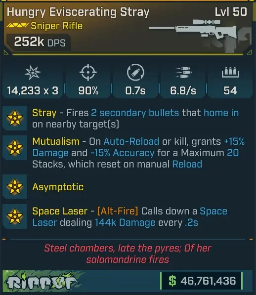 [MODDED] L50 STRAY - 252K DPS - 6.8s FIRE RATE - 0.7s RELOAD - MUTUALISM - ASYMPTOTIC - ALT FIRE SPACE LASER 144K DMG/2s